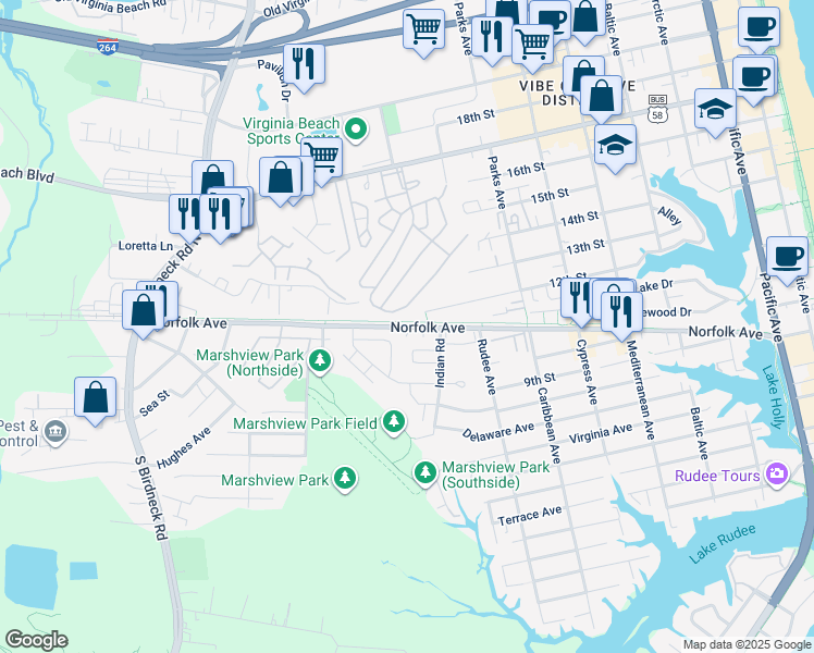 map of restaurants, bars, coffee shops, grocery stores, and more near 114 Ocean Villas Way in Virginia Beach