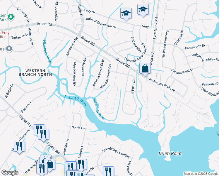 map of restaurants, bars, coffee shops, grocery stores, and more near 2706 West Meadow Drive in Chesapeake