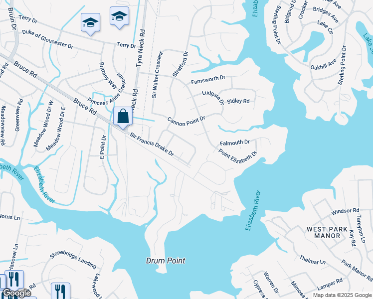 map of restaurants, bars, coffee shops, grocery stores, and more near 2819 Leeds Court in Chesapeake