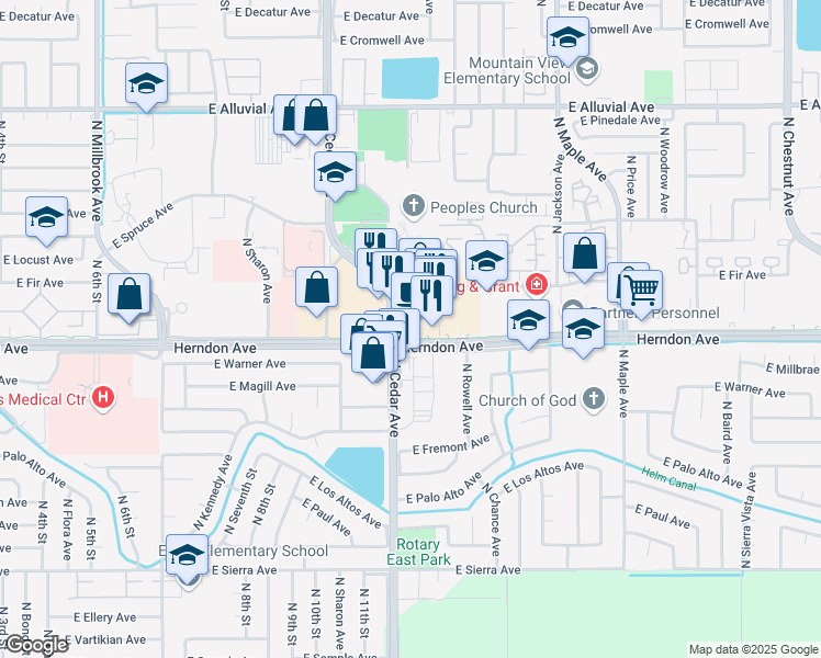 map of restaurants, bars, coffee shops, grocery stores, and more near 7010 North Cedar Avenue in Fresno