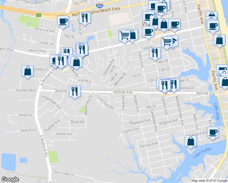 map of restaurants, bars, coffee shops, grocery stores, and more near 106 Ocean Villas Way in Virginia Beach