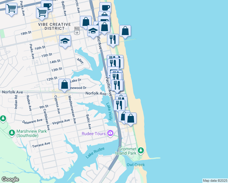 map of restaurants, bars, coffee shops, grocery stores, and more near 927 Pacific Avenue in Virginia Beach