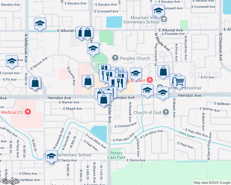 map of restaurants, bars, coffee shops, grocery stores, and more near 7010 North Cedar Avenue in Fresno