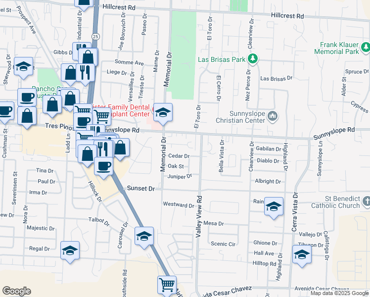 map of restaurants, bars, coffee shops, grocery stores, and more near 1060 Caputo Court in Hollister