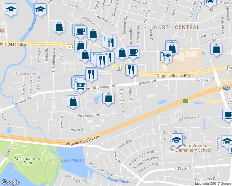 map of restaurants, bars, coffee shops, grocery stores, and more near 123 Pinter Court in Virginia Beach