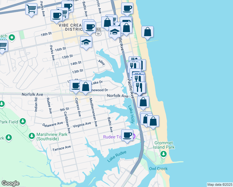 map of restaurants, bars, coffee shops, grocery stores, and more near 301 Norfolk Avenue in Virginia Beach