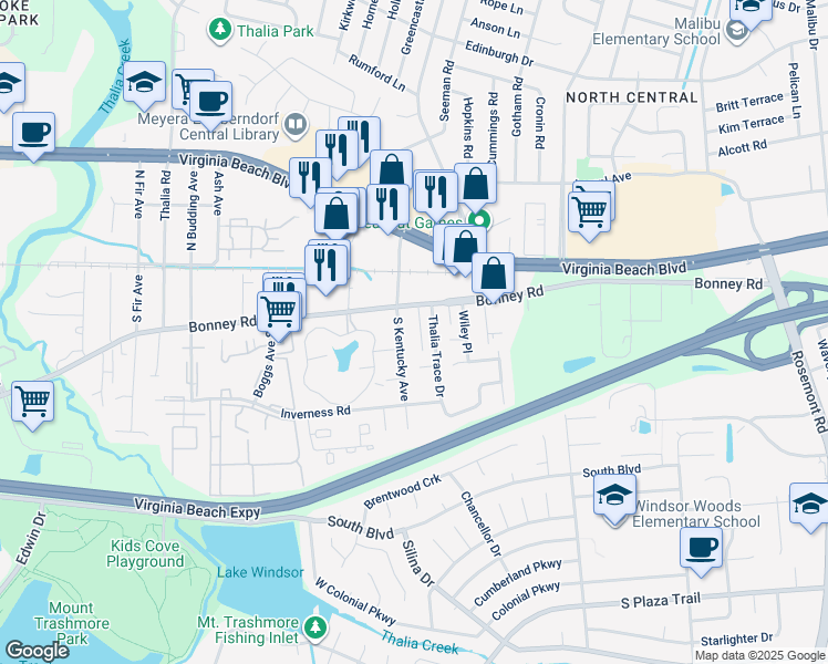 map of restaurants, bars, coffee shops, grocery stores, and more near 123 Pinter Court in Virginia Beach