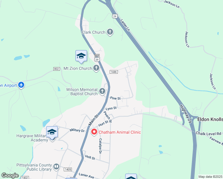 map of restaurants, bars, coffee shops, grocery stores, and more near 521 Main Street in Chatham
