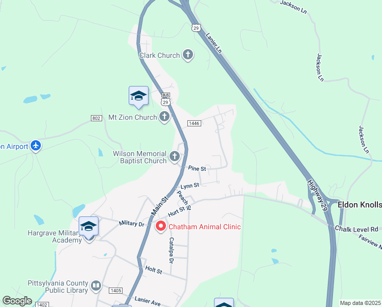 map of restaurants, bars, coffee shops, grocery stores, and more near 521 Main Street in Chatham