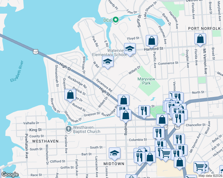 map of restaurants, bars, coffee shops, grocery stores, and more near 408 West Road in Portsmouth
