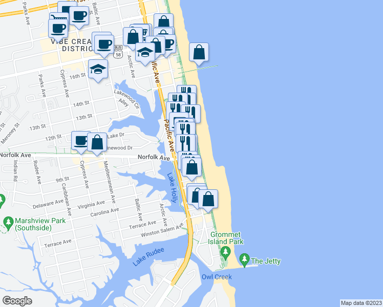 map of restaurants, bars, coffee shops, grocery stores, and more near 921 Atlantic Avenue in Virginia Beach