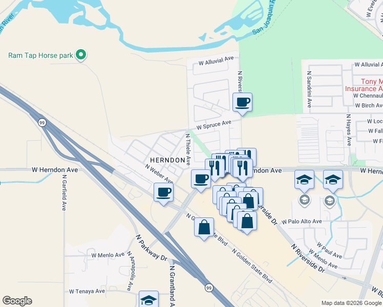 map of restaurants, bars, coffee shops, grocery stores, and more near 7102 North La Paz Avenue in Fresno