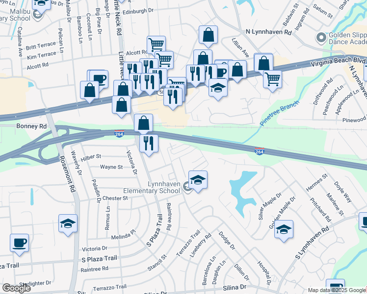 map of restaurants, bars, coffee shops, grocery stores, and more near 3303 Shasta Court in Virginia Beach
