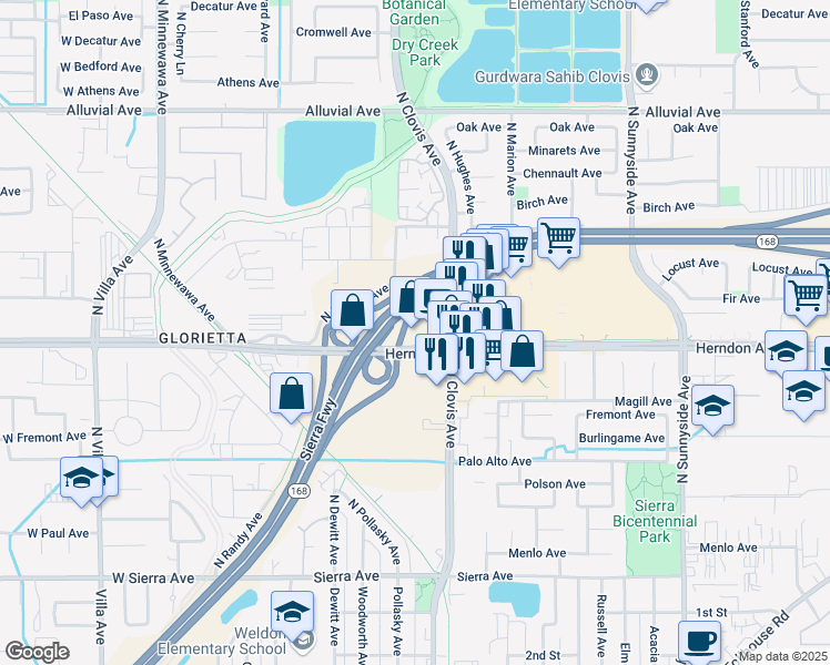 map of restaurants, bars, coffee shops, grocery stores, and more near State Highway 168 in Clovis