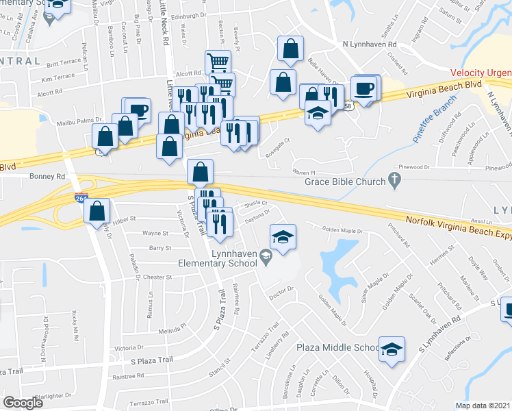 map of restaurants, bars, coffee shops, grocery stores, and more near 3305 Shasta Court in Virginia Beach