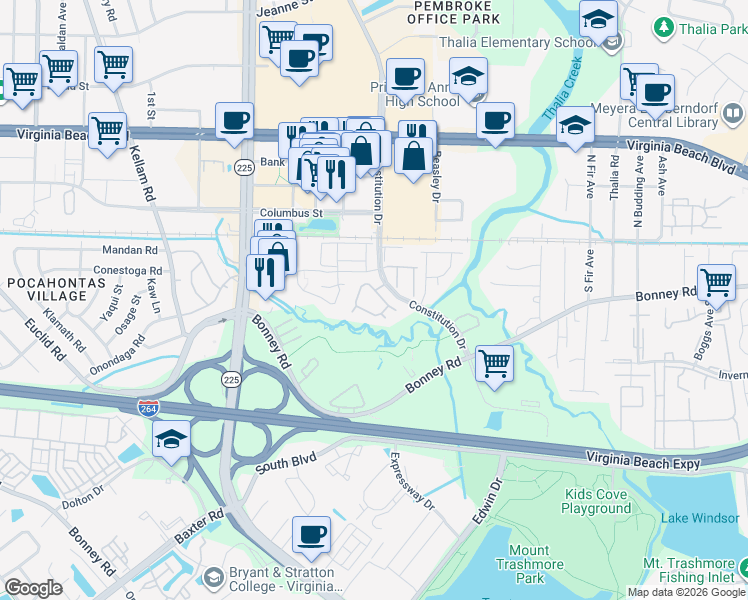 map of restaurants, bars, coffee shops, grocery stores, and more near 4542 Genoa Drive in Virginia Beach