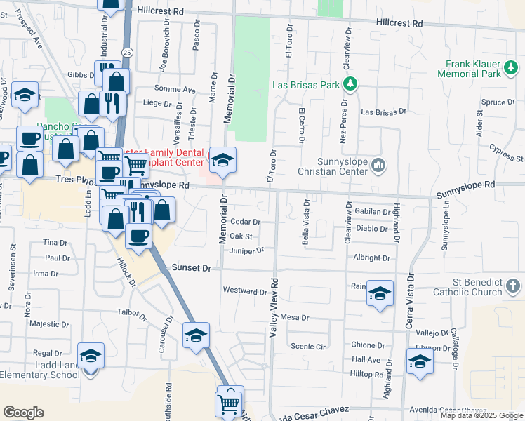 map of restaurants, bars, coffee shops, grocery stores, and more near 1510 Valley View Road in Hollister