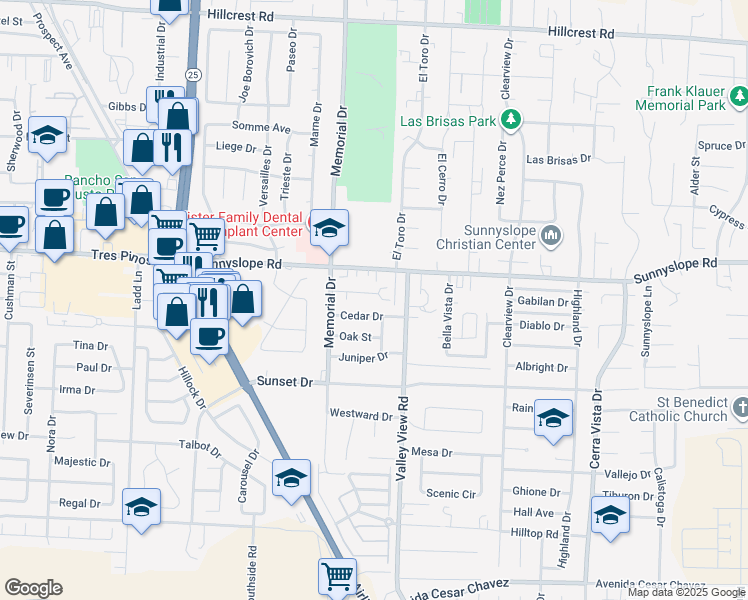 map of restaurants, bars, coffee shops, grocery stores, and more near 1060 Caputo Court in Hollister