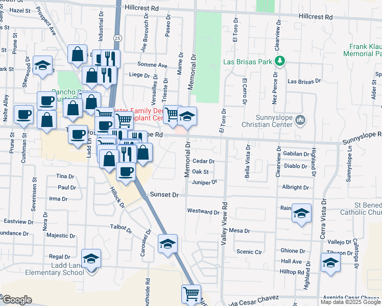 map of restaurants, bars, coffee shops, grocery stores, and more near 1510 Memorial Drive in Hollister