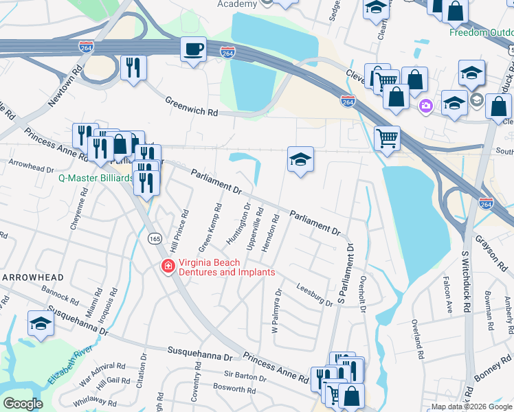 map of restaurants, bars, coffee shops, grocery stores, and more near 142 Huntington Drive in Virginia Beach