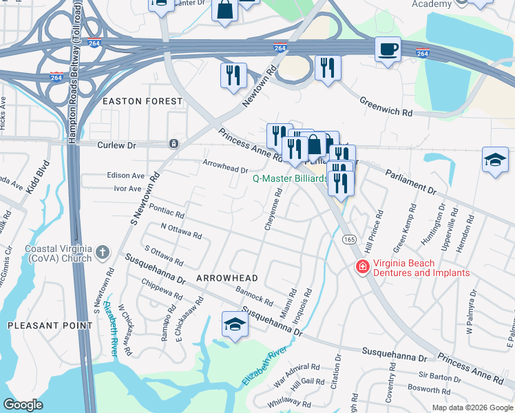 map of restaurants, bars, coffee shops, grocery stores, and more near 103 South Comanche Cluster in Virginia Beach