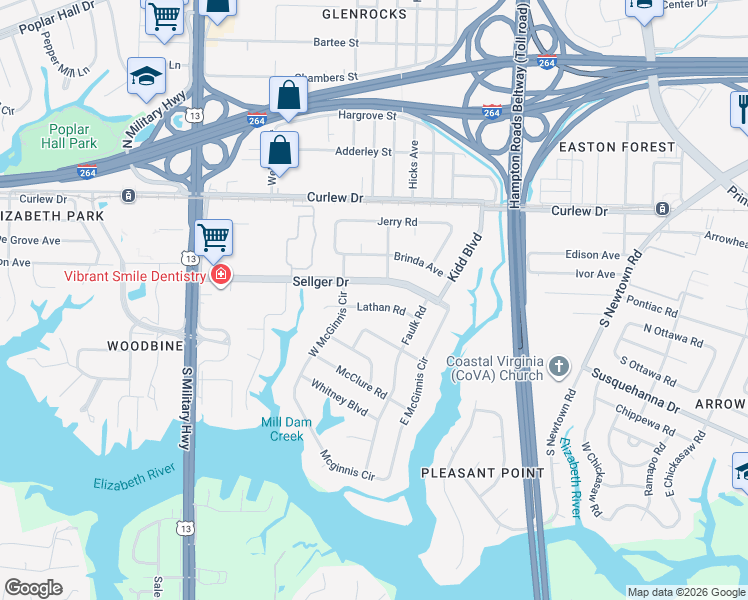 map of restaurants, bars, coffee shops, grocery stores, and more near 5913 Sellger Drive in Norfolk