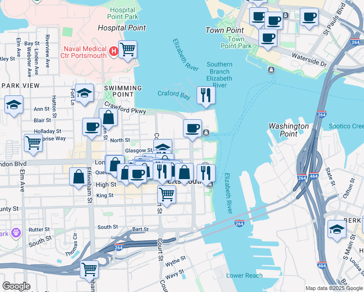 map of restaurants, bars, coffee shops, grocery stores, and more near 218 North Street in Portsmouth