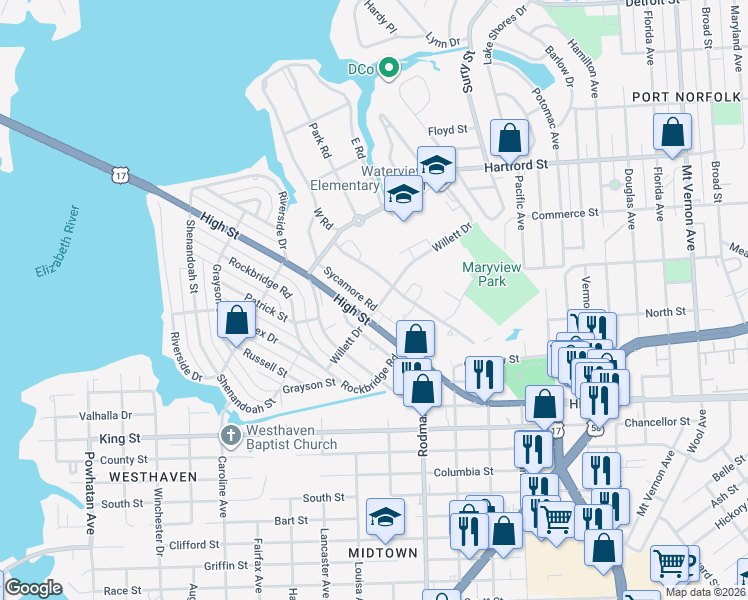 map of restaurants, bars, coffee shops, grocery stores, and more near 408 West Road in Portsmouth