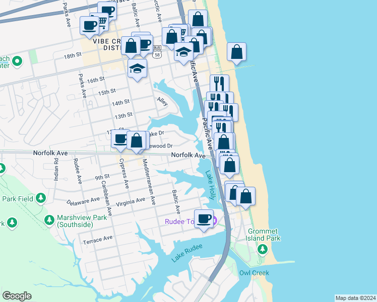 map of restaurants, bars, coffee shops, grocery stores, and more near 341 Norfolk Avenue in Virginia Beach