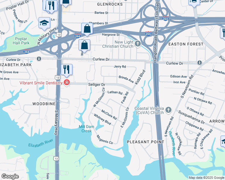 map of restaurants, bars, coffee shops, grocery stores, and more near 5913 Sellger Drive in Norfolk