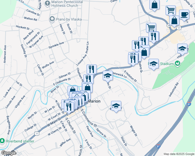 map of restaurants, bars, coffee shops, grocery stores, and more near 512 North Main Street in Marion
