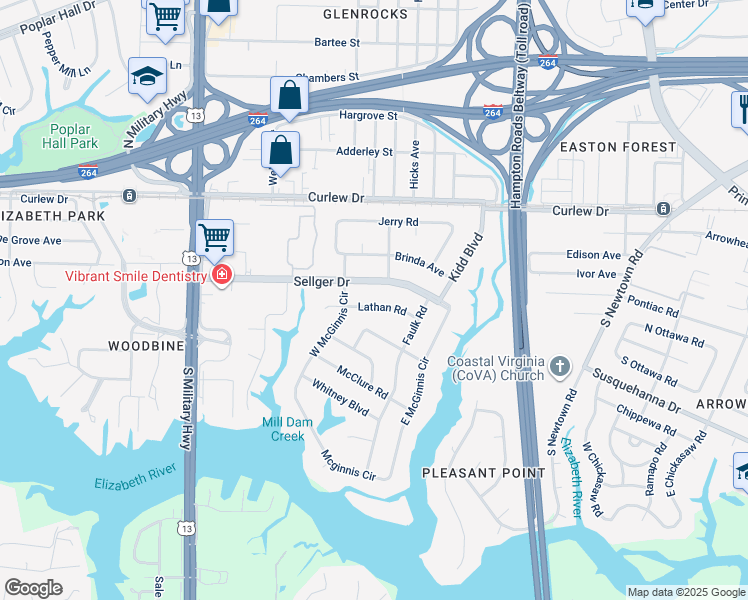 map of restaurants, bars, coffee shops, grocery stores, and more near 5916 Lathan Road in Norfolk