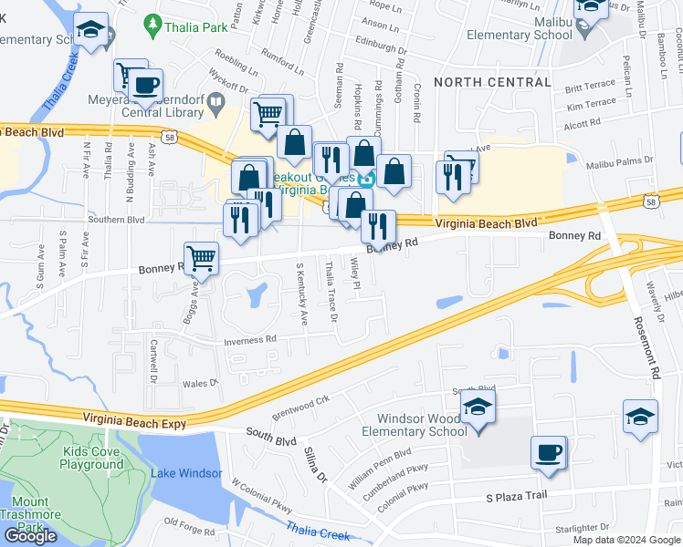 map of restaurants, bars, coffee shops, grocery stores, and more near 3916 Pulley Court in Virginia Beach