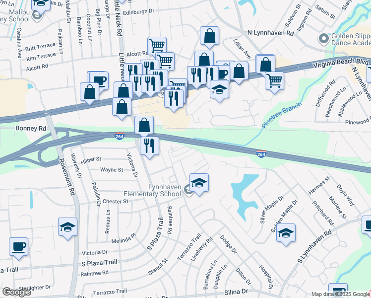 map of restaurants, bars, coffee shops, grocery stores, and more near 3303 Shasta Court in Virginia Beach