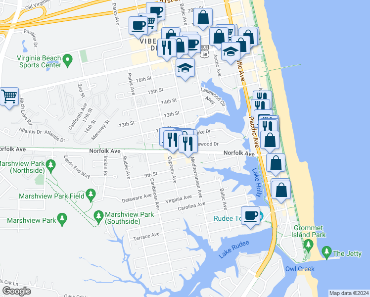 map of restaurants, bars, coffee shops, grocery stores, and more near 598 Pinewood Drive in Virginia Beach