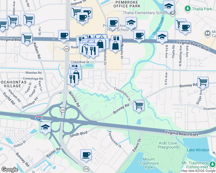 map of restaurants, bars, coffee shops, grocery stores, and more near 4542 Genoa Drive in Virginia Beach