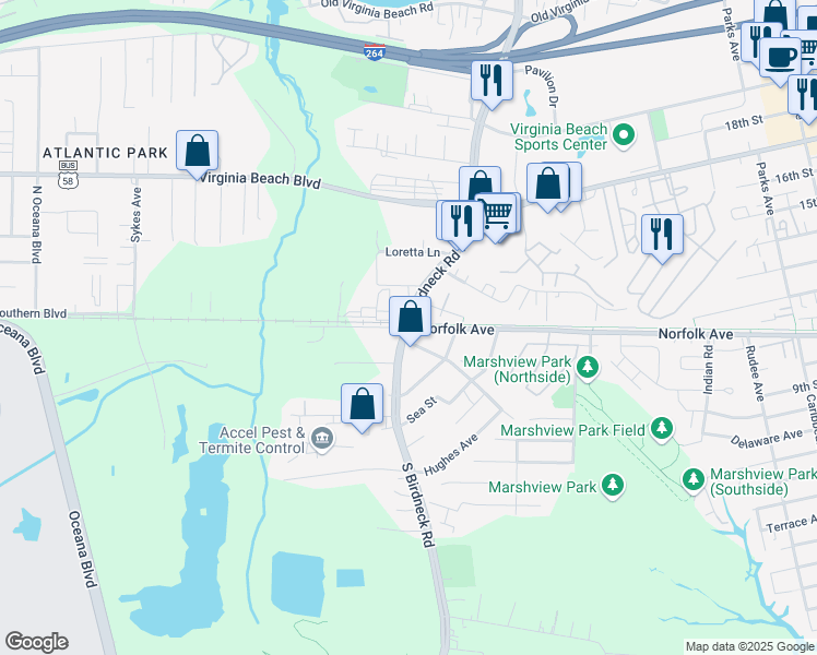 map of restaurants, bars, coffee shops, grocery stores, and more near N Birdneck Rd & Norfolk Ave in Virginia Beach