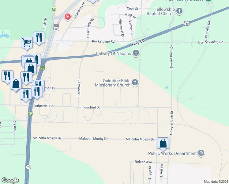 map of restaurants, bars, coffee shops, grocery stores, and more near 908-2803 Neosho Heights Circle in Neosho