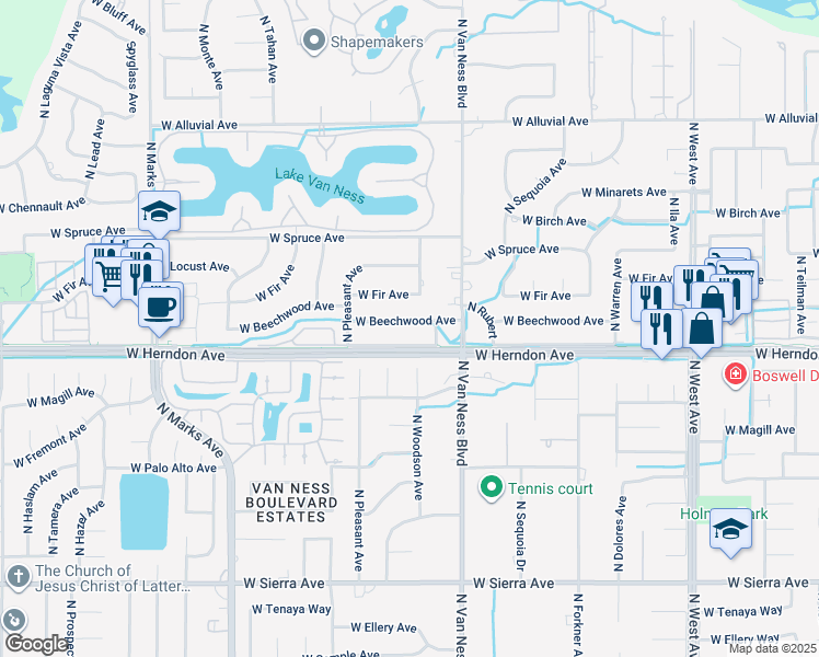map of restaurants, bars, coffee shops, grocery stores, and more near 2489 West Beechwood Avenue in Fresno