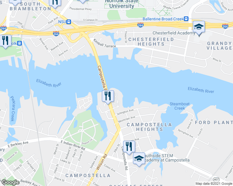 map of restaurants, bars, coffee shops, grocery stores, and more near 350 Campostella Road in Norfolk
