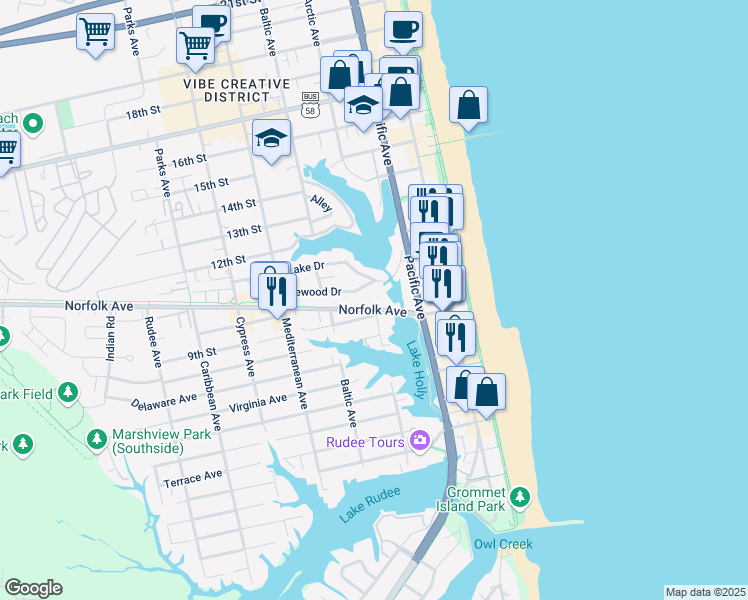 map of restaurants, bars, coffee shops, grocery stores, and more near 341 Norfolk Avenue in Virginia Beach