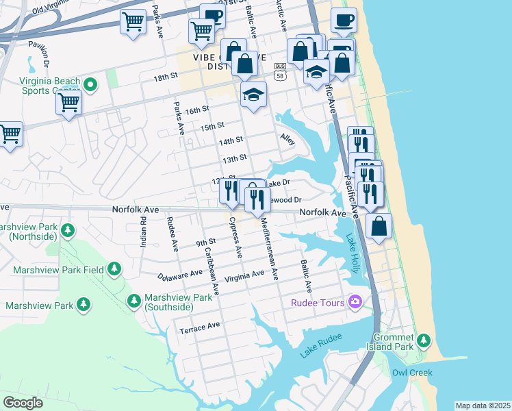 map of restaurants, bars, coffee shops, grocery stores, and more near 598 Pinewood Drive in Virginia Beach