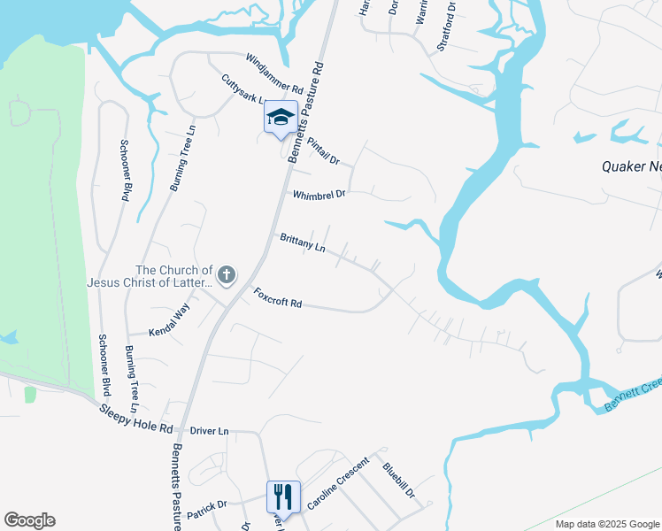 map of restaurants, bars, coffee shops, grocery stores, and more near 108 Brittany Lane in Suffolk