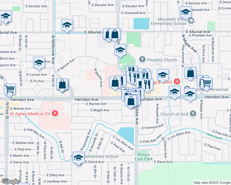 map of restaurants, bars, coffee shops, grocery stores, and more near 1648 East Herndon Avenue in Fresno