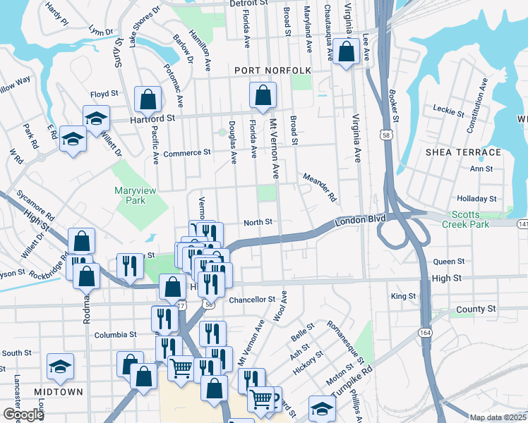 map of restaurants, bars, coffee shops, grocery stores, and more near 937 Florida Avenue in Portsmouth
