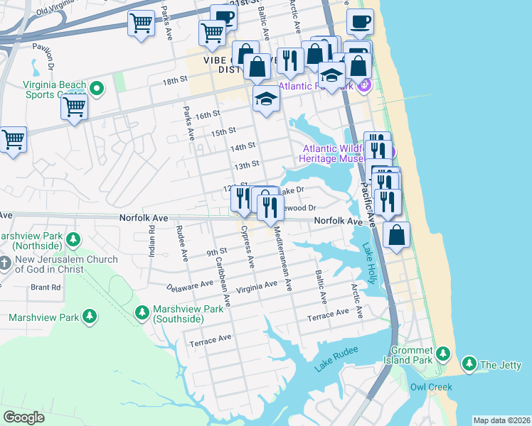 map of restaurants, bars, coffee shops, grocery stores, and more near 598 Pinewood Drive in Virginia Beach