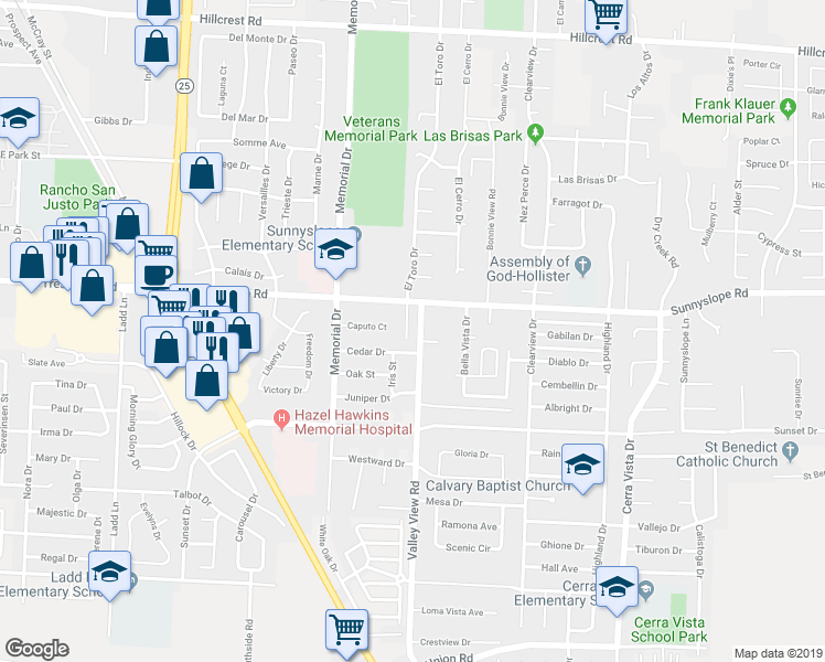 map of restaurants, bars, coffee shops, grocery stores, and more near 1510 Valley View Road in Hollister
