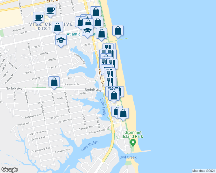 map of restaurants, bars, coffee shops, grocery stores, and more near 1005 Pacific Avenue in Virginia Beach