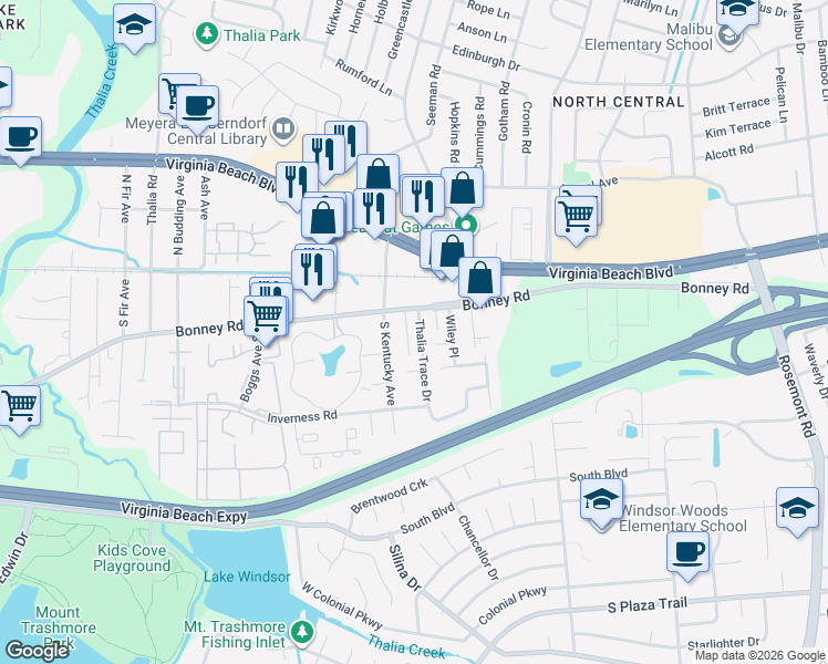 map of restaurants, bars, coffee shops, grocery stores, and more near 3929 Pinter Court in Virginia Beach