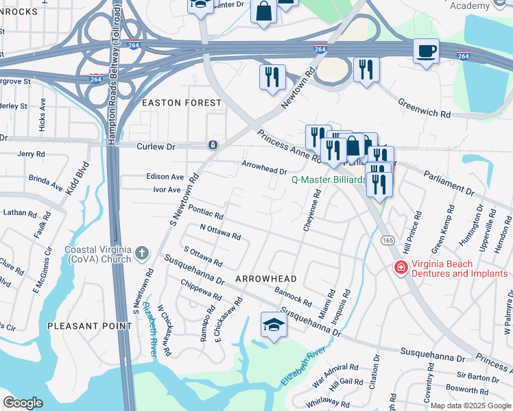 map of restaurants, bars, coffee shops, grocery stores, and more near 5805 North Cherokee Cluster in Virginia Beach